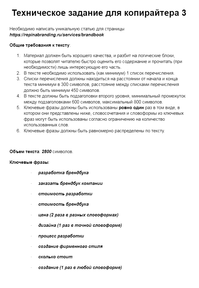 Подготовлены технические задания для написания статей для проекта repinabranding.ru
