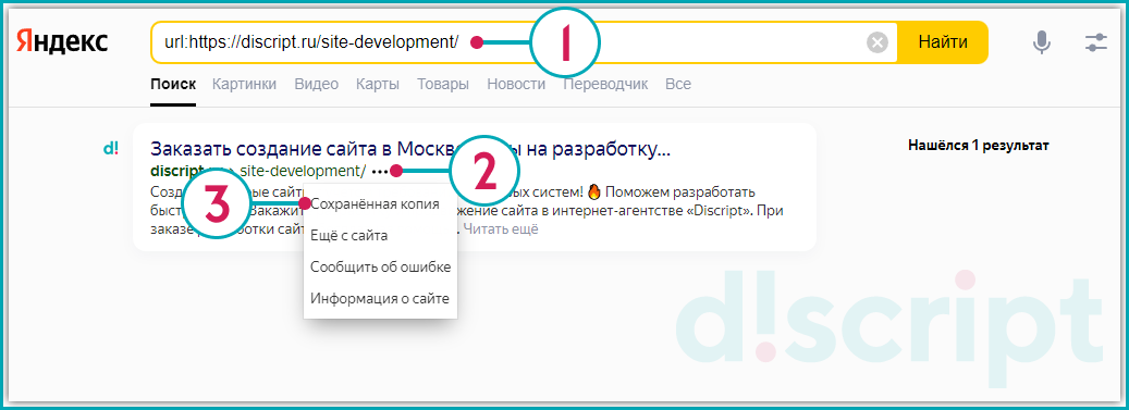 Пример поиска сохраненной страницы в Яндексе